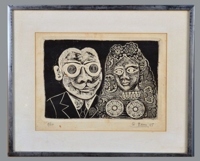 Antonio Berni (Argentinian, 1905-1981): Bride and Groom. Relief print, 1965. Signed and dated in pencil (l.r.), numbered 1/20 (l.l.). Plate size 8 x 12 3/4 inches. Matted and framed. Exhibition history: Pan American Union, Washington D.C. E