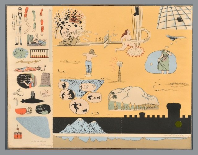 Oyvind Fahlstrom (Swedish/Brazilian, 1928–1976): Eddie (Sylvie's Brother) in the Desert. Serigraph, 1966, published by Tanglewood Press. Signed and dated in pencil (l.r.), numbered "Artist's Proof" (l.l.). Sight size 17 1/8 x 20 inches. Framed. Prov