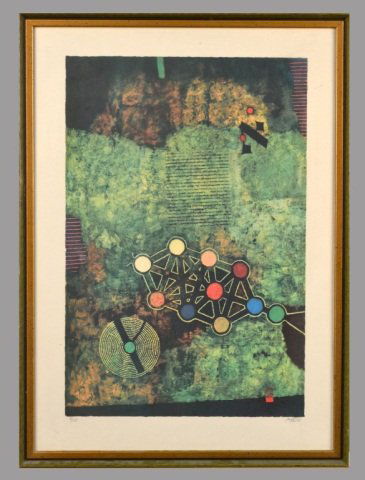 Mordecai Ardon (Israeli, 1896-1992): The Letter Aleph. Color Lithograph. Signed in pencil (l.r.), numbered 8/150 (l.l.). Sight size 26 7/8 x 19 1/8 inches. Framed. Provenance: Property from the Estate of Irwin Hersey.