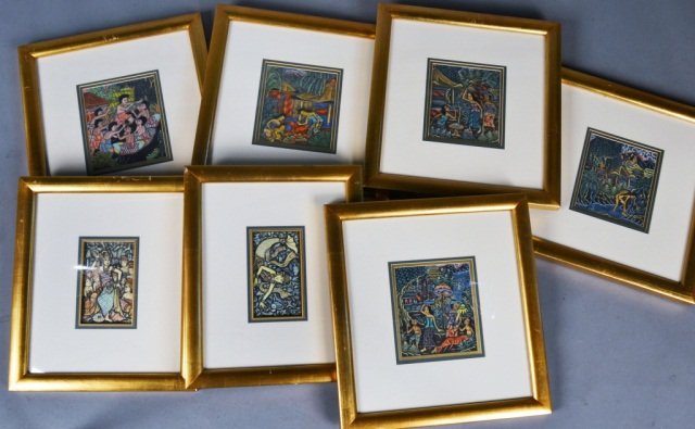 Seven Prints (Balinese School, 20th Century): Various themes. Ink and wash on paper. Largest framed size 17 7/8 x 16 inches. All matted and framed.