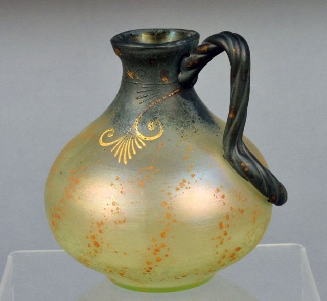Loetz Cephalonia Green and Gold Pitcher: Circa 1905. Height 6 inches.