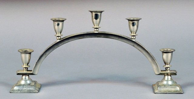 Just Andersen (Denmark, 1884-1943) Candelabra: Circa 1940, pewter with five lights, signed on base. Height 8 1/2 inches.