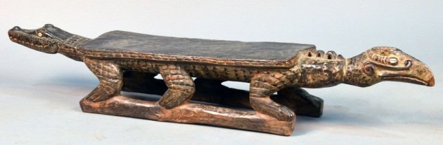 Carved Wood Alligator Footstool: Height 7 inches, width 50 inches, depth 8 1/2 inches.