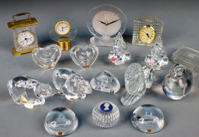 Miscellaneous Group of Glass Decorations: Including a Waterford glass lion, two desk clocks, two vases, two polar bears, etc.