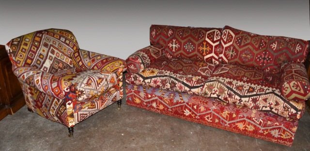 Kilim Sofa and Lounge Chair: Geometric pattern.