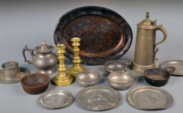 Miscellaneous Collection of Metal Articles: Including brass and pewter. Tallest height 13 1/4 inches. Provenance: Ex. Coll. Wendell Garrett.