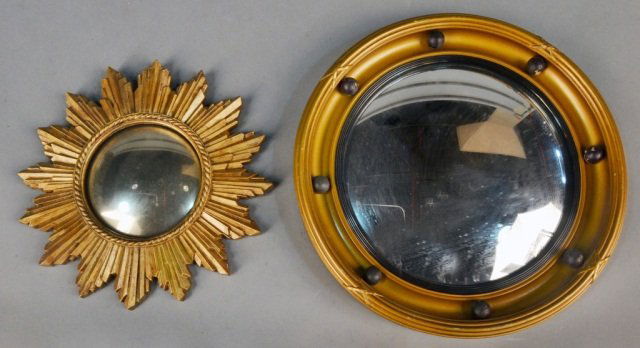Two Gilt Convex Mirrors: One, a Regency style; and the other, a sunburst mirror. Larger, diameter 13 3/4 inches.