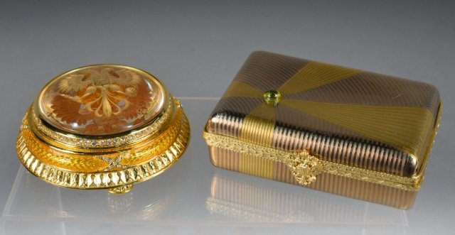 Two Faberge Objects: Coronation paperweight and Limoges porcelain box.