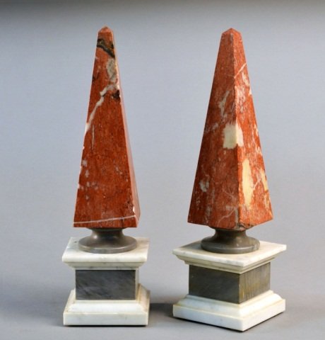Pair of Rust Marble Obelisks: Height 14 1/2 inches.