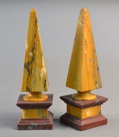 Pair of Olive Marble Obelisks: Height 14 1/4 inches.