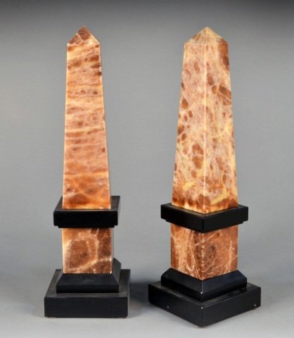Pair of Mottled Brown Marble Obelisks: Height 16 1/2 inches.