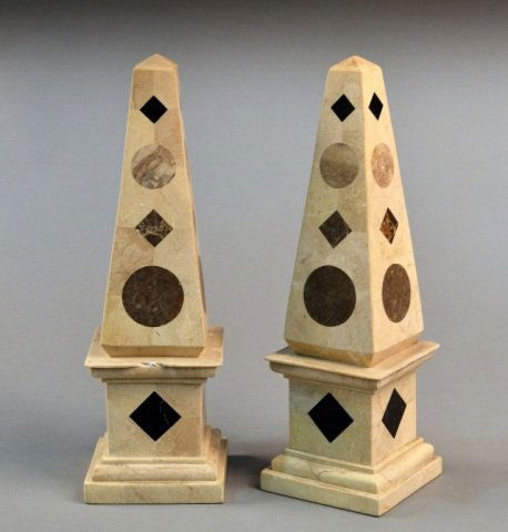 Pair Marble Obelisks: Geometric decoration. Height 16 1/2 inches.