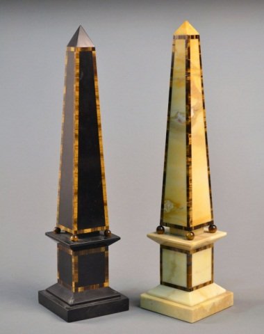 Pair Marble Obelisks: Mineral trim. Height 16 inches.