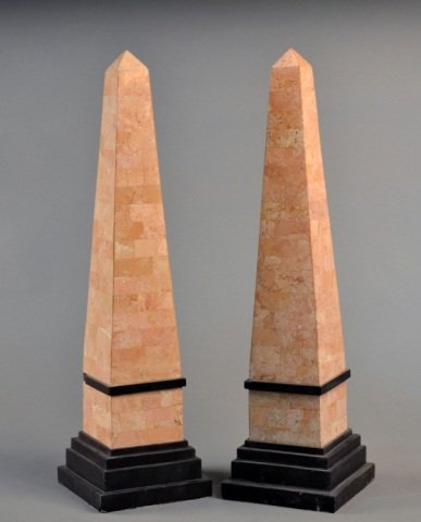 Pair of Pink Marble Obelisks: Black trim. Height 25 1/4 inches.