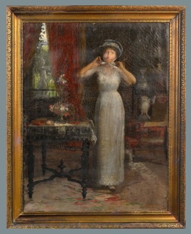 Charles Courtney Curran (American, 1861 - 1942): Untitled (Interior Scene with Girl in White). Oil on canvas. Signed (verso). Canvas size 36 x 28 inches. Framed.