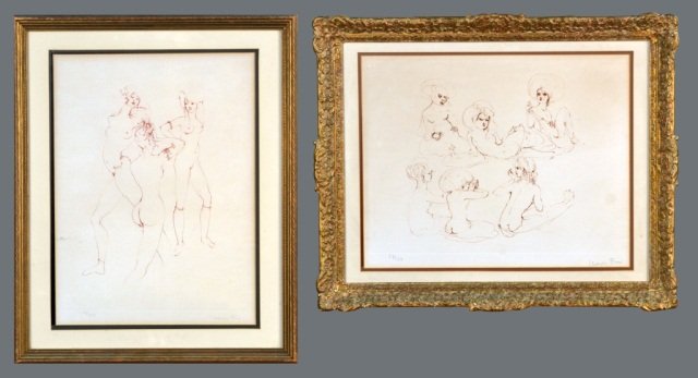 Two Etchings by Leonor Fini (French, 1908-1996): (1) Six reclining figures. Etching. Signed in pencil (l.r.), numbered 62/150 (l.l.). Sight size 13 1/2 x 16 1/2 inches. Matted and framed. (2) Three standing figures. Etching. Signed in pencil (l.r.),