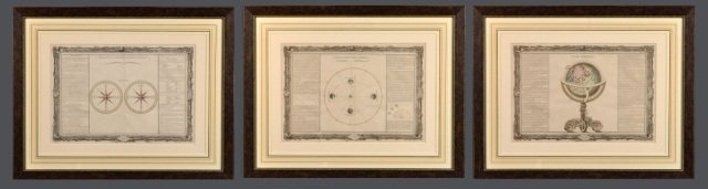 Claude Buy de Mornas (French, d. 1783): (1) Globe Terrestre. Hand colored copper engraving,1761, printed in Paris. Dated (l.c.). Plate size 14 x 20 1/2 inches. Matted and framed. (2) Explication des Saisons. Hand colored copper engraving,17