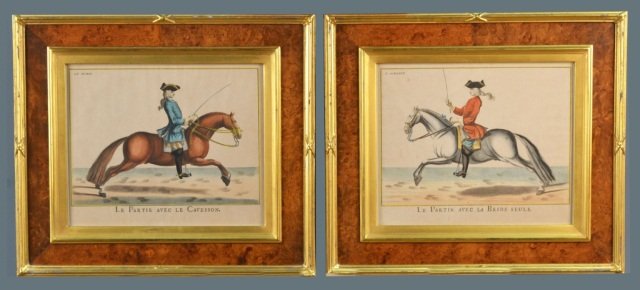 After Bernard Picart (French, 1673-1733): (1) L'Aimable, Le Partir avec la Bride Seule, Plate L. from L'art de monter a cheval. Handcolored print, printed circa 1747. Sight size 10 x 12 inches. Matted and framed. (2) Le Rubis, Le Partir avec 
