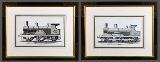 Pair of Engravings (British, 19th Century): (1) Standard Goods Engine Lancashire and Yorkshire Railway, Mr. John A.F. Aspinall, engineer. Copperplate engraving, 1890. Sight size 11 1/2 x 18 1/2 inches. Matted and framed. (2) Express Passenger E