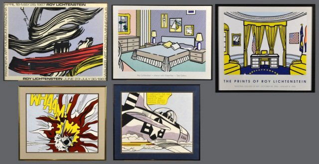 Five Large Roy Lichtenstein Prints: Each modern reproductions. Largest sight size of 27 x 30 inches. All framed.
