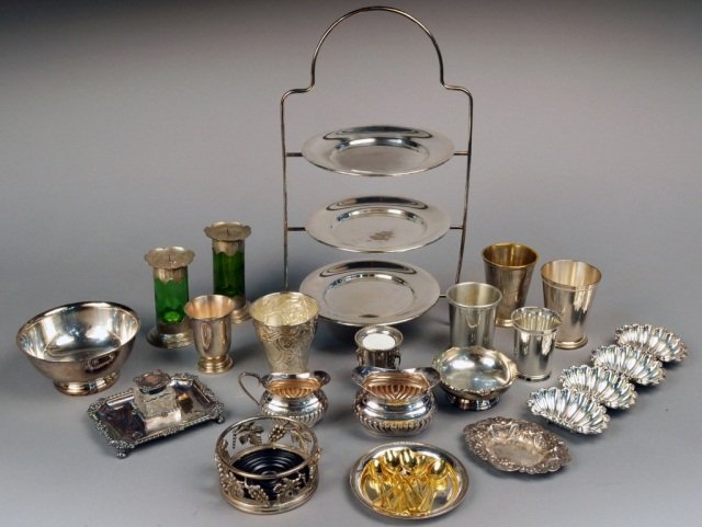 Miscellaneous Group of Silver Plated Articles: Including a three tier cake stand, bowls, beakers, etc.
