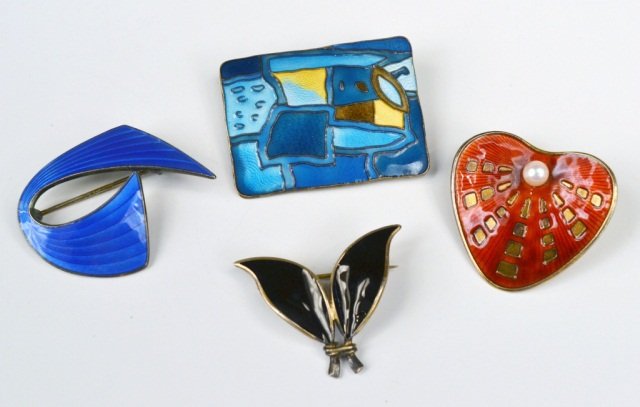 Four Silver and Enamel Brooches: Two by David Andersen, Denmark.