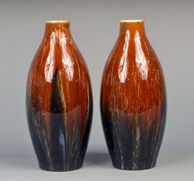 Pair of Boch Freres Art Deco Faience Vases: Numbered and stamped. Height 10 1/2 inches.