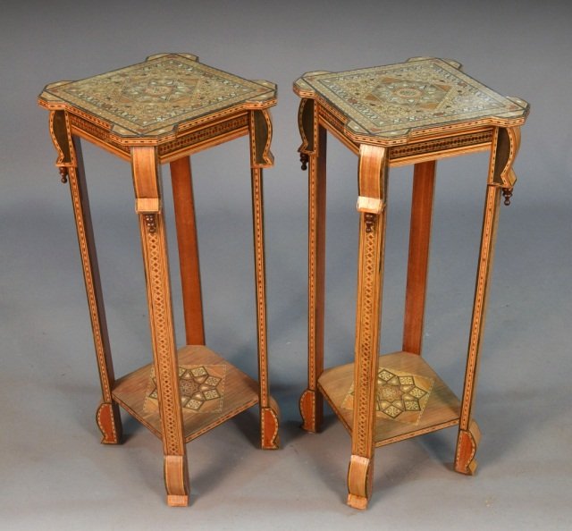 Pair of Syrian Style Inlaid Stands: Height 33 inches, width 13 1/2 inches, depth 13 1/2 inches.
