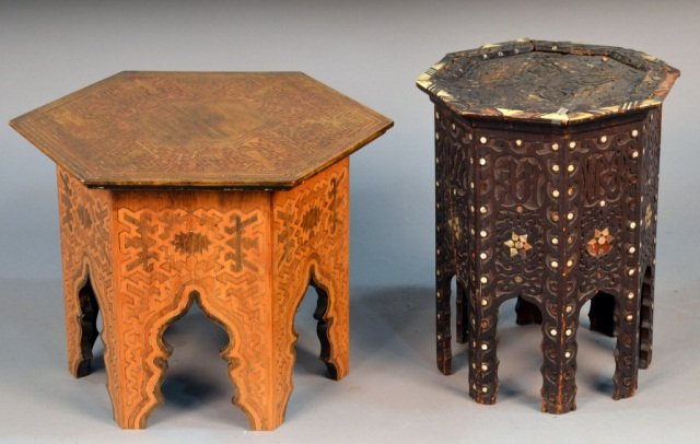 Two Syrian Tables: One natural finish with hexagonal top; the other inlaid mother of pearl octagonal top. Taller, height 19 inches.