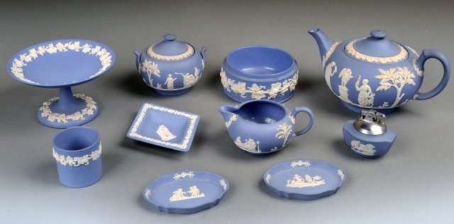 Miscellaneous Group of Wedgwood Blue Jasperware: Including a three piece tea set, a compote, a pair of lozenge form dishes, etc. Compote height 3 5/8 inches.
