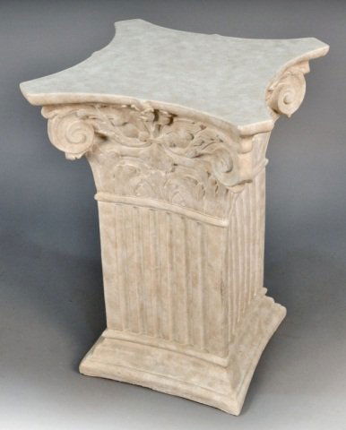 Glass Top Pedestal Dining Table: Circular top on a cream columnar pedestal. Height 29 1/2 inches, width 21 inches, depth 21 inches.