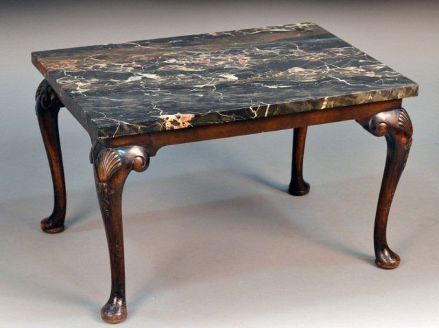 Marble Top Coffee Table: Rectangular top, mahogany base with cabriole legs. Height 17 inches, width 28 inches, depth 19 inches.