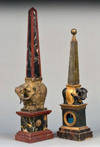 Two Elephant Motif Obelisks: Taller, height 21 inches.