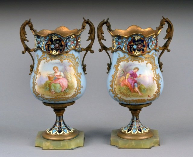 Pair of French Champleve Urns: Gilt metal mounted baluster form urns with allegorical decoration, Height 8 1/4 inches.