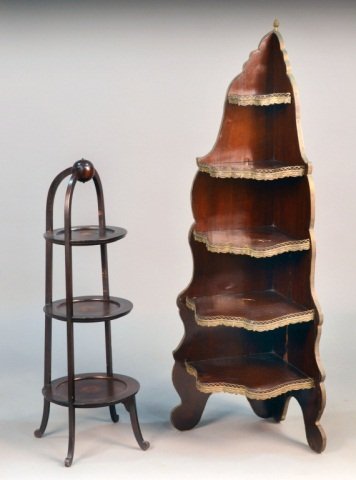 Mahogany Corner Etagere and Cake Stand: Etagere shelves with brass edge, height 51 inches; together with a three tier cake stand.