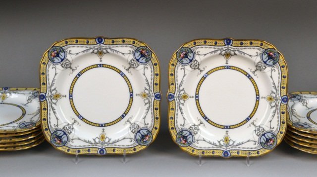 Set of Twelve Royal Worcester Dessert Plates: Pattern C2474/3 shaped square form, dated 1924. 8 1/4 x 8 1/4 inches.