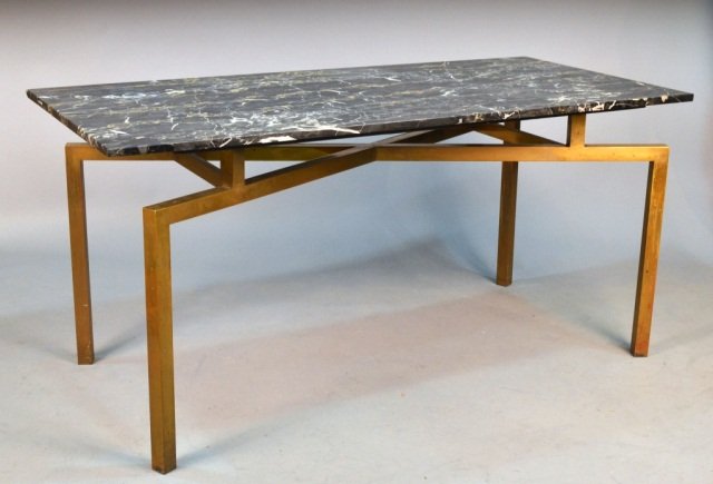 Marble Top Table: Floating marble top on a patinated metal base. Height 29 inches, width 62 inches, depth 28 inches.