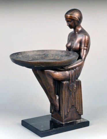 Bronze Seated Female Figure: Modeled holding a dish, on a marble base. Height 19 inches, with base 20 inches.