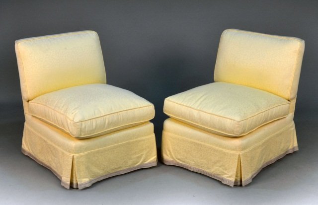 Pair of Upholstered Billy Baldwin Chairs: Height 30 inches, width 24 inches, depth 30 inches.