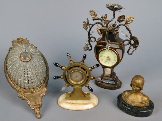 Miscellaneous Group of Decorative Articles: Comprising a desk barometer, a bust of a young woman, a mirrored table clock, and a beaded wall fixture. Clock height 16 inches.