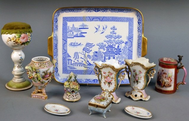 Miscellaneous Group of Porcelain Table Articles: Including an English blue and white tray, in "Fence" pattern, a pair of French vases, an Austrian tankard, a wig stand, etc. Various sizes.