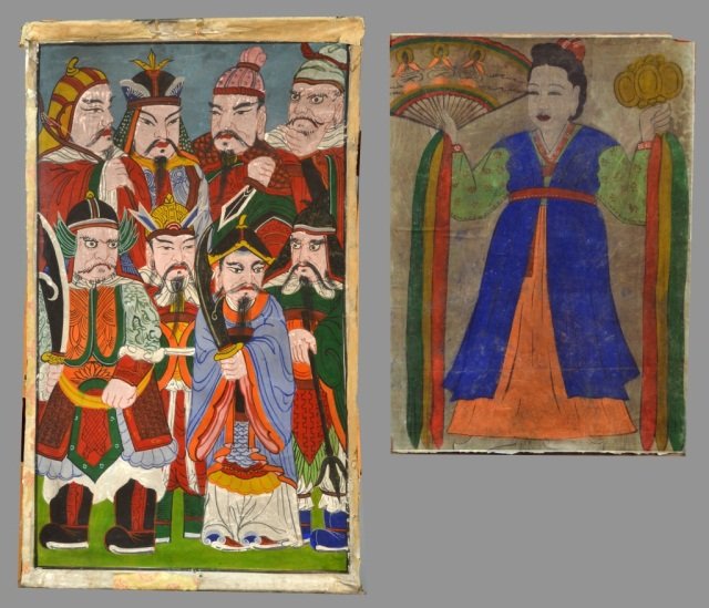 Pair of Korean Buddhist Paintings: (1) Woman holding fan. Ink on cloth. Sight size 29 x 21 inches. Unframed. (2) Eight General Guards. Ink on cloth. Buddhist mark on verso. Sight size 34 x 20 3/8 inches. Unframed.