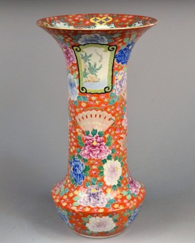 Chinese Porcelain Umbrella Stand: Enamel decoration of flowers and fans. Height 20 1/2 inches.