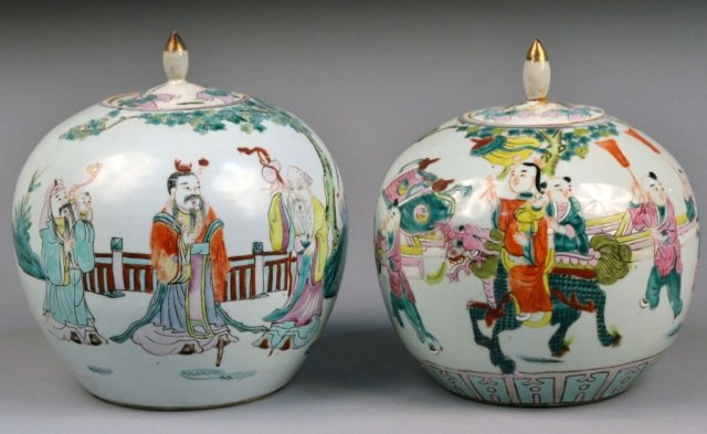 Two Asian Porcelain Covered Jars: Each, globular with removable lid and polychrome painted decoration. Taller, height 10 inches.