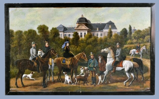 Continental School (19th Century): Hunting group with hounds. Oil on canvas mounted on board. Board size 29 x 48 1/2 inches. Framed.