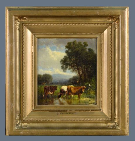 William Hart (American, 1823-1894): Cows in a field. Oil on board, 1879. Signed and dated (l.l.). Board size 9 5/8 x 8 1/2 inches. Framed.
