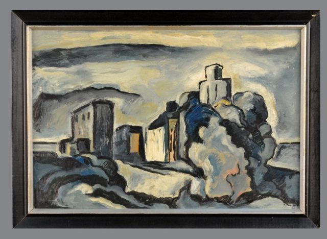 German School (20th Century): Untitled (abstracted landscape). Oil on board, 1965. Signed "Baasch" (l.r.), dated (l.r.). Sight size 20 1/8 x 13 1/2 inches. Framed.