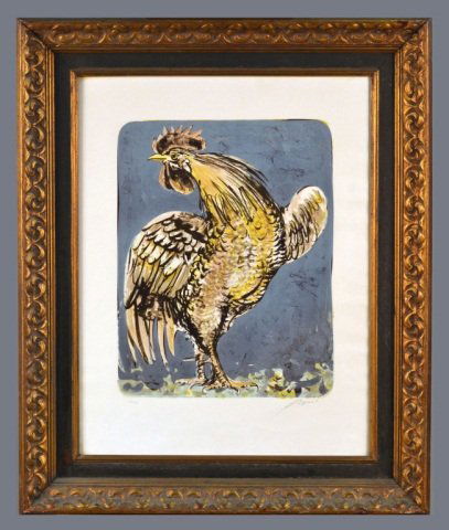 Hans Erni (Swiss, b. 1909): Rooster. Color lithograph. Signed illegibly (l.r.), numbered 65/150 (l.l.). Sight size 25 1/4 x 19 1/4 inches. Framed.