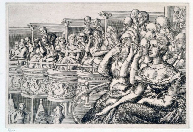Reginald Marsh (American, 1898-1954): Metropolitan Opera in the Grand Tier. Line etching with drypoint, originally printed in 1939, from the 1969 posthumous edition of 100 for the Whitney Museum on white wove paper with full margins. Numb