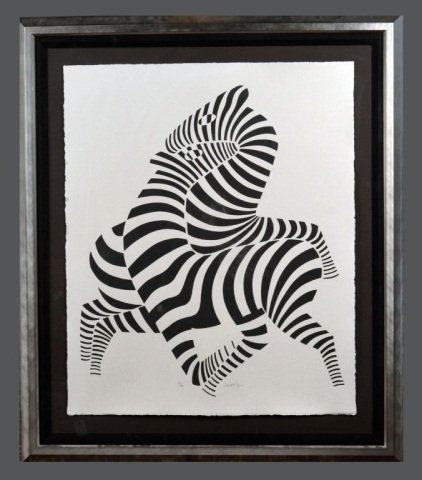 Victor Vasarely (French/Hungarian, 1906-1997): Tiskos D. Lithograph on arches. Signed (l.c.), numbered 116/150 (l.c.), stamped (l.l.). Sheet size 40 x 33 inches. Mounted and framed.